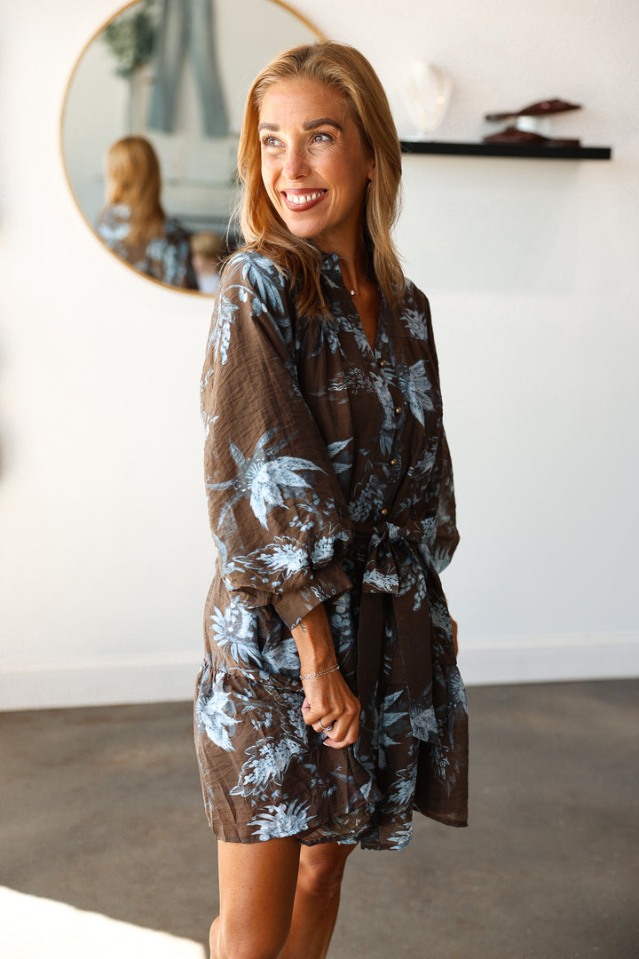 Fall Printed Dress - Slate Brown