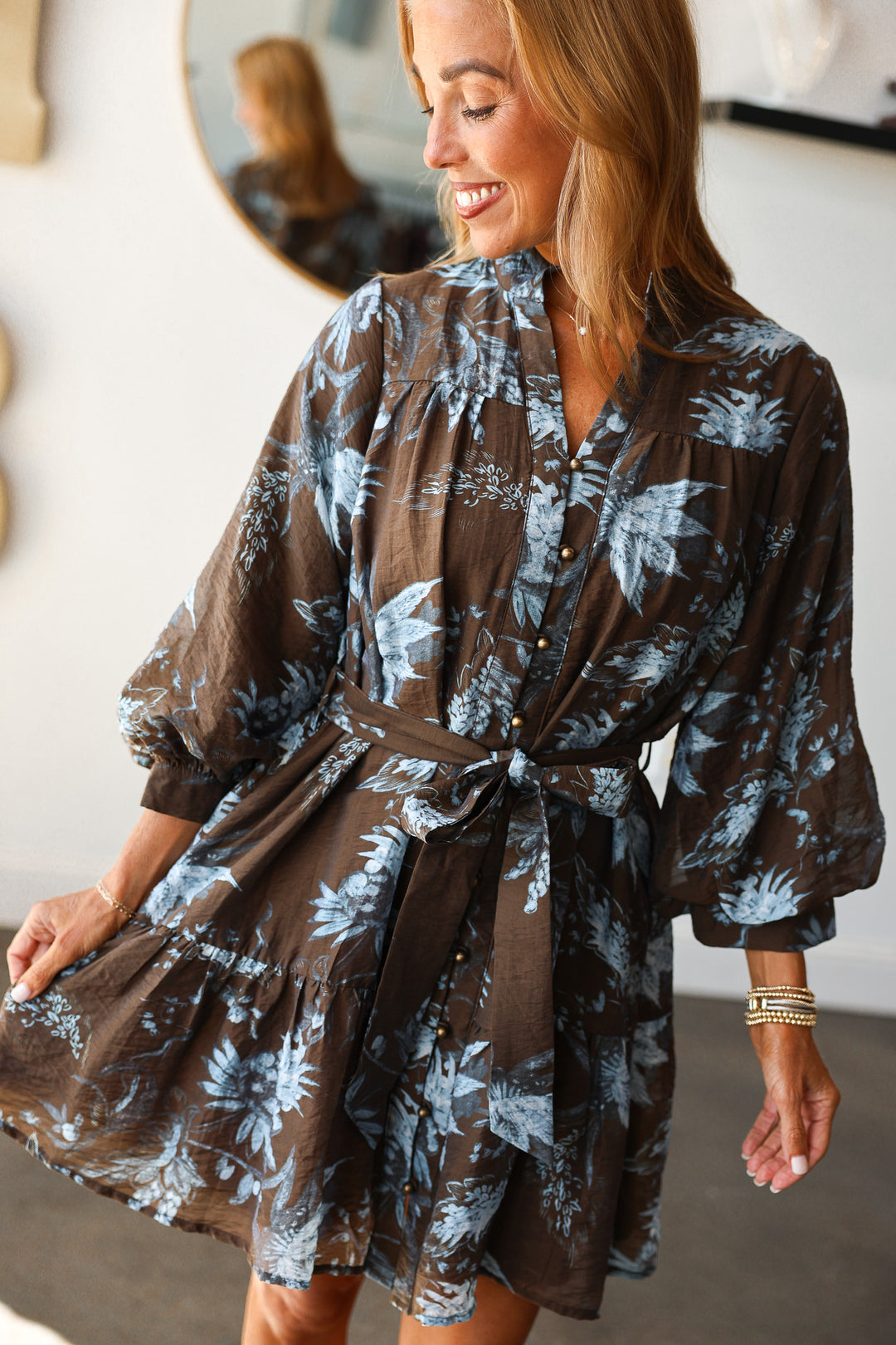 Fall Printed Dress - Slate Brown