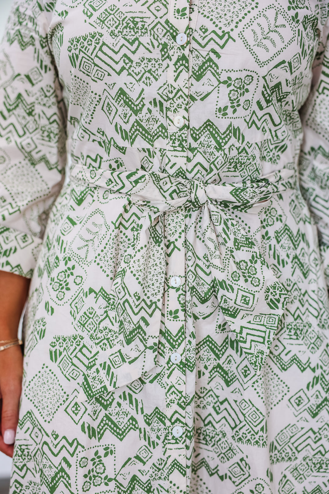 Tie Waist Printed Dress - Green