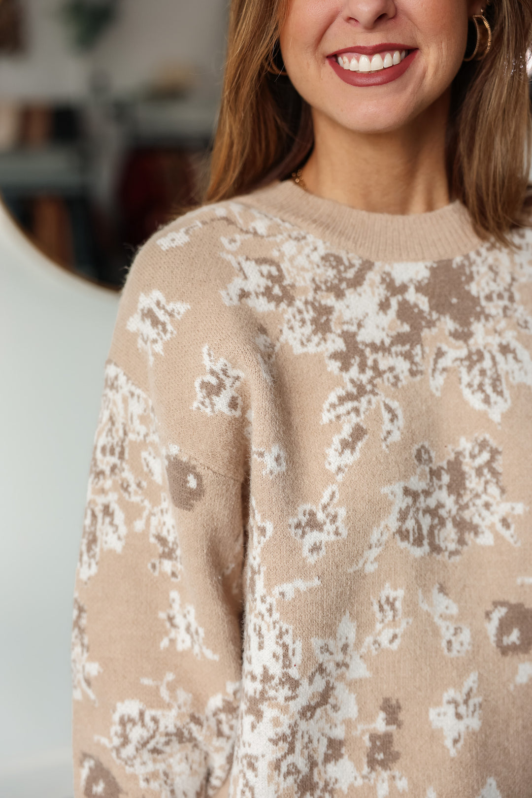 Floral Brushed Sweater - Taupe/Off White