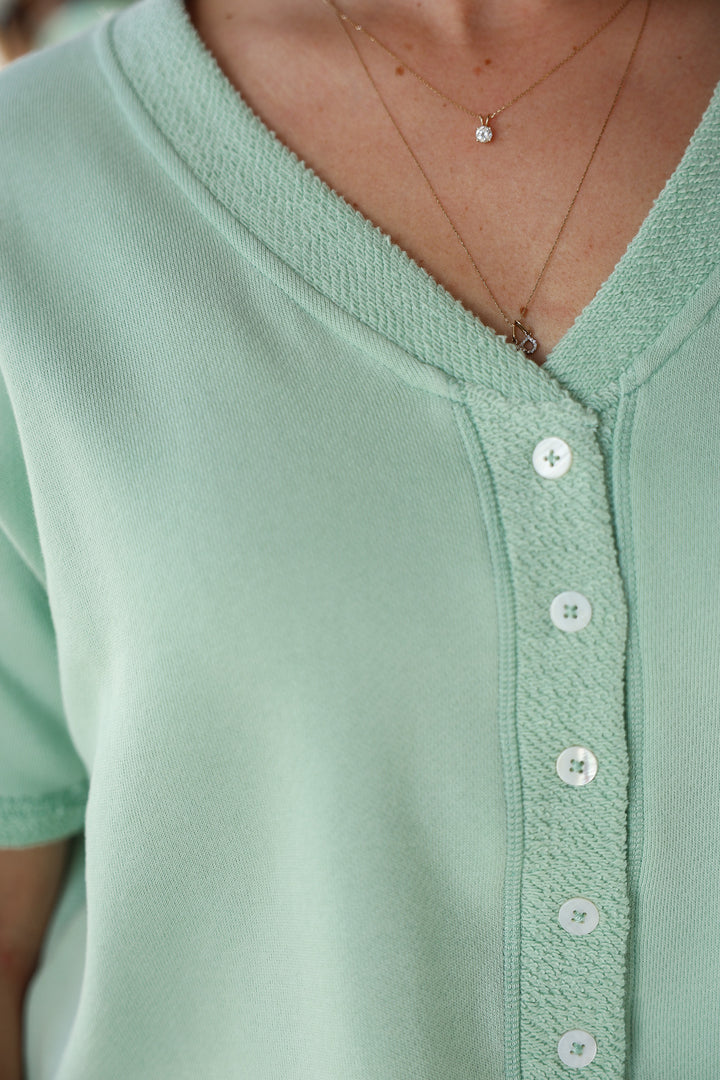 French Terry Button Front Top - Mint