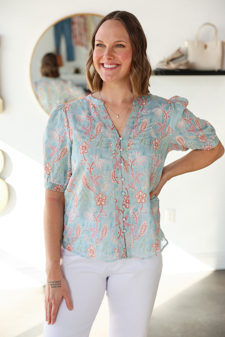 Embroidered Floral Short Sleeve Top