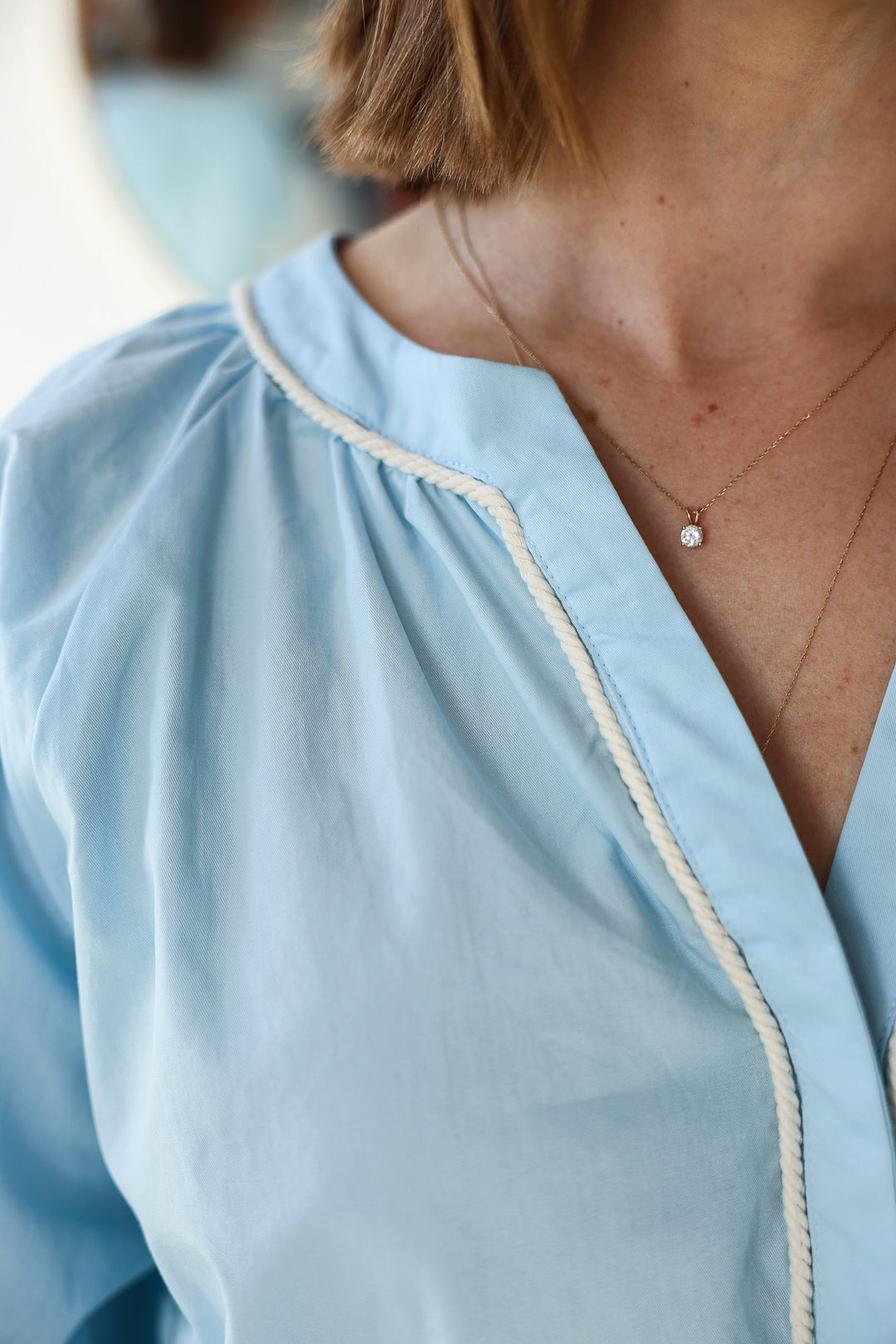 Embroidered Sleeve Top - Baby Blue