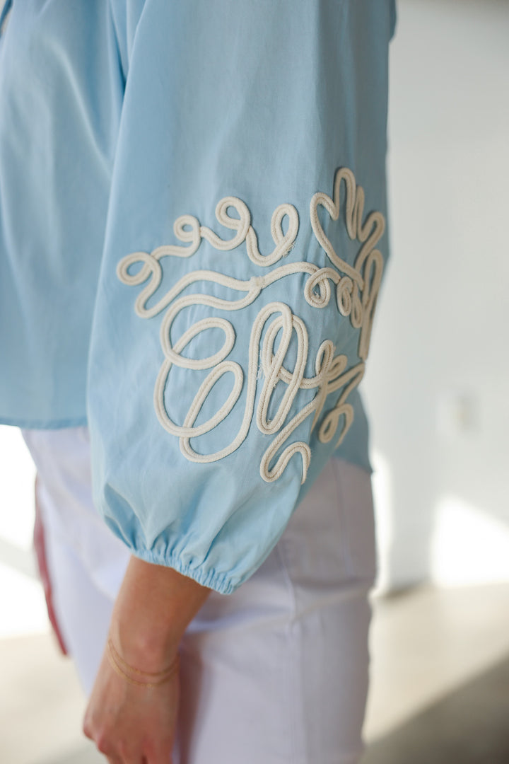 Embroidered Sleeve Top - Baby Blue