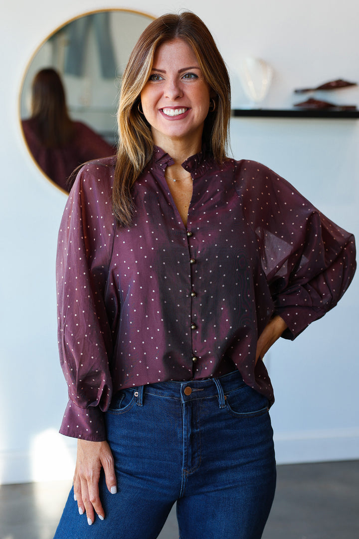 Polka Dot Button Front Top - Eggplant