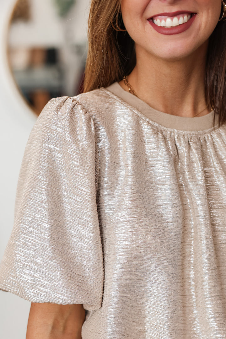 Ruffle Trim Metallic Top - Taupe