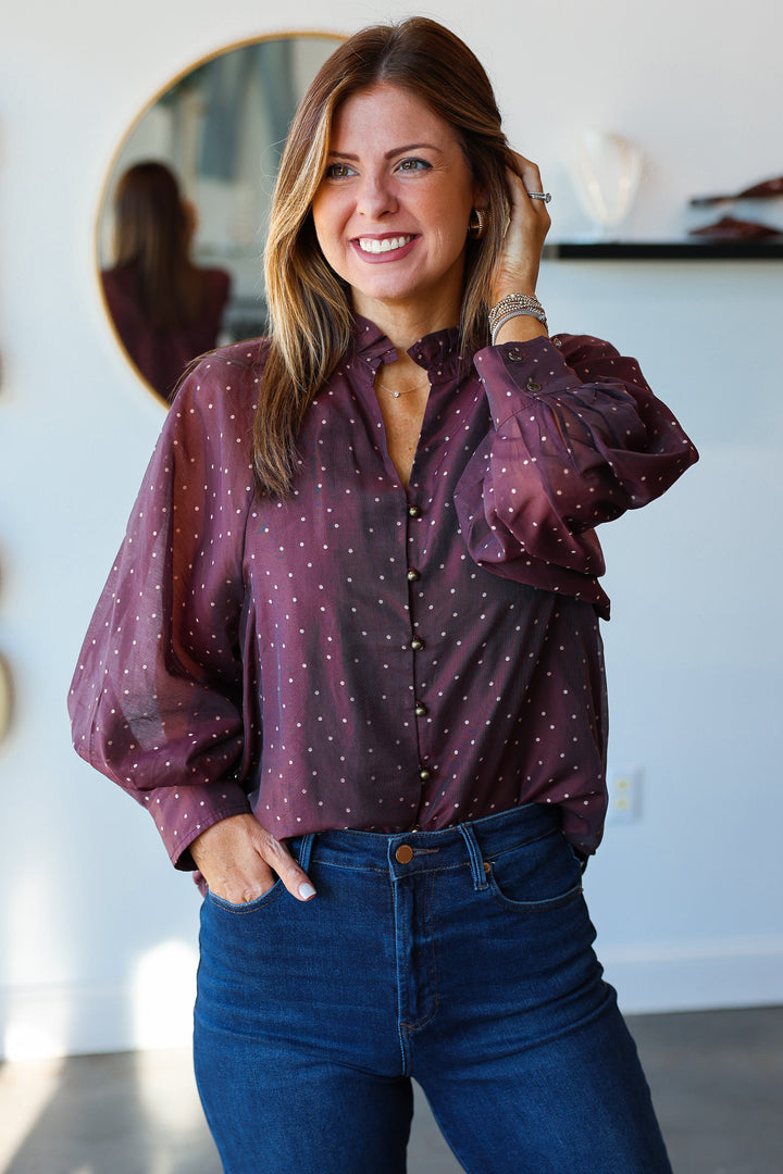 Polka Dot Button Front Top - Eggplant