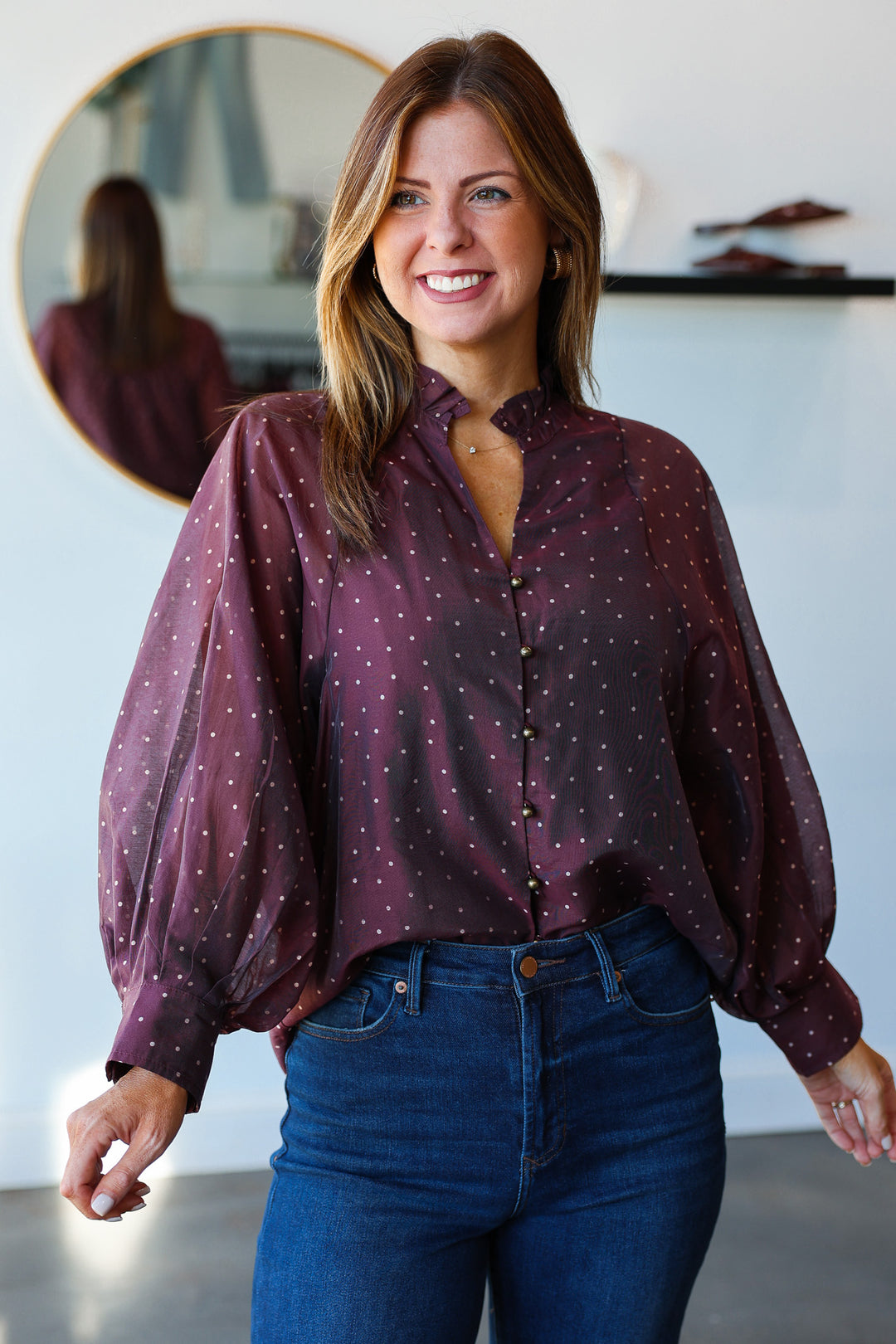Polka Dot Button Front Top - Eggplant