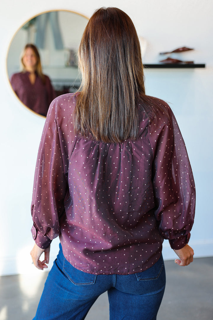 Polka Dot Button Front Top - Eggplant