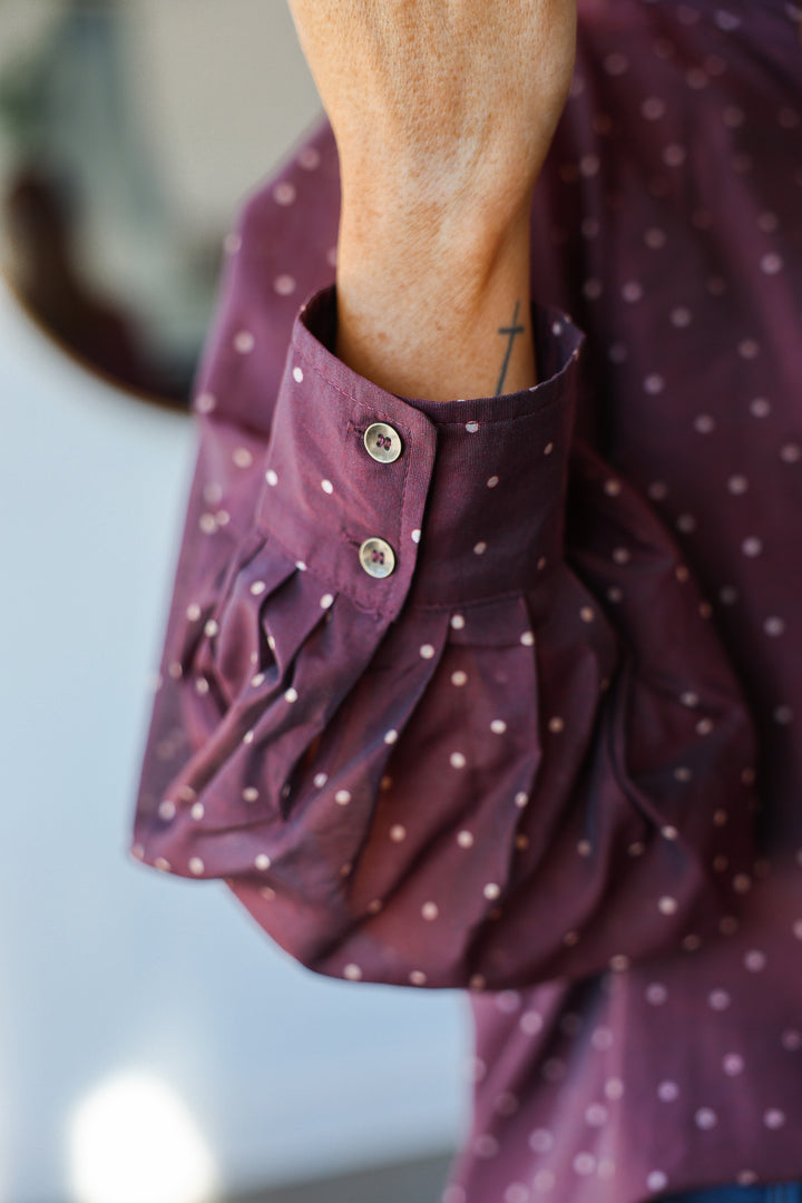 Polka Dot Button Front Top - Eggplant