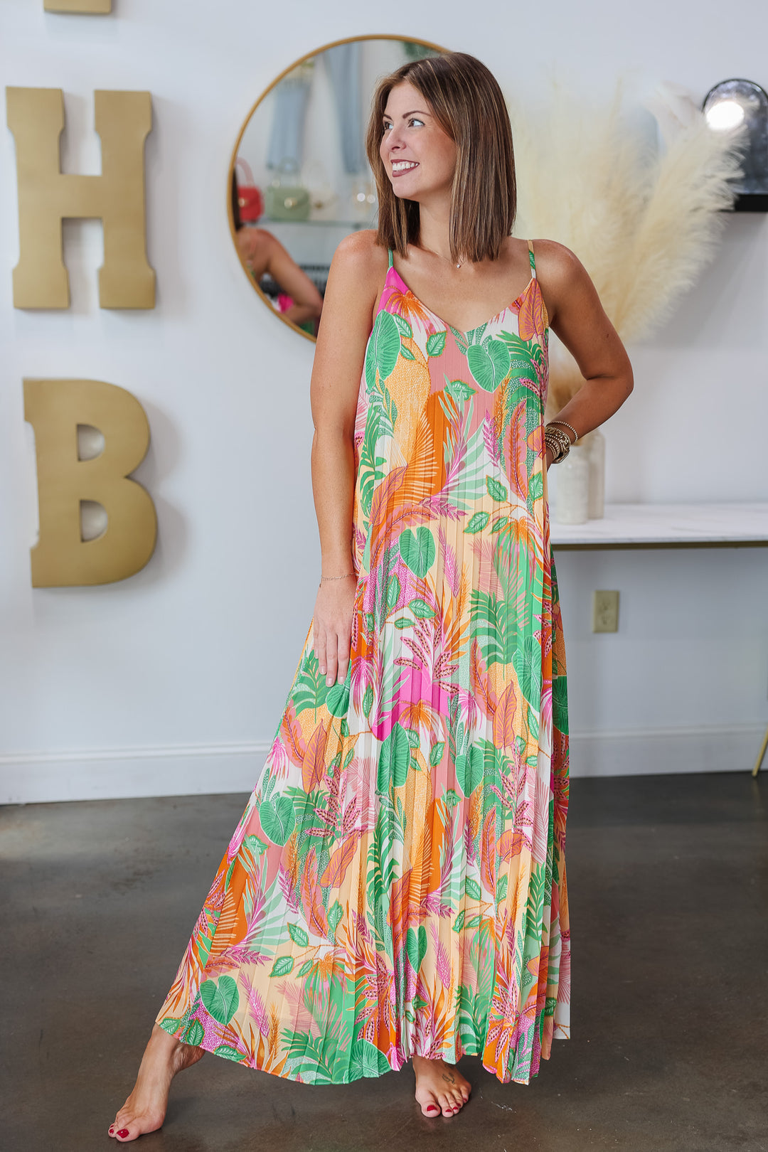 Printed Pleated Maxi Dress - Pink Guava