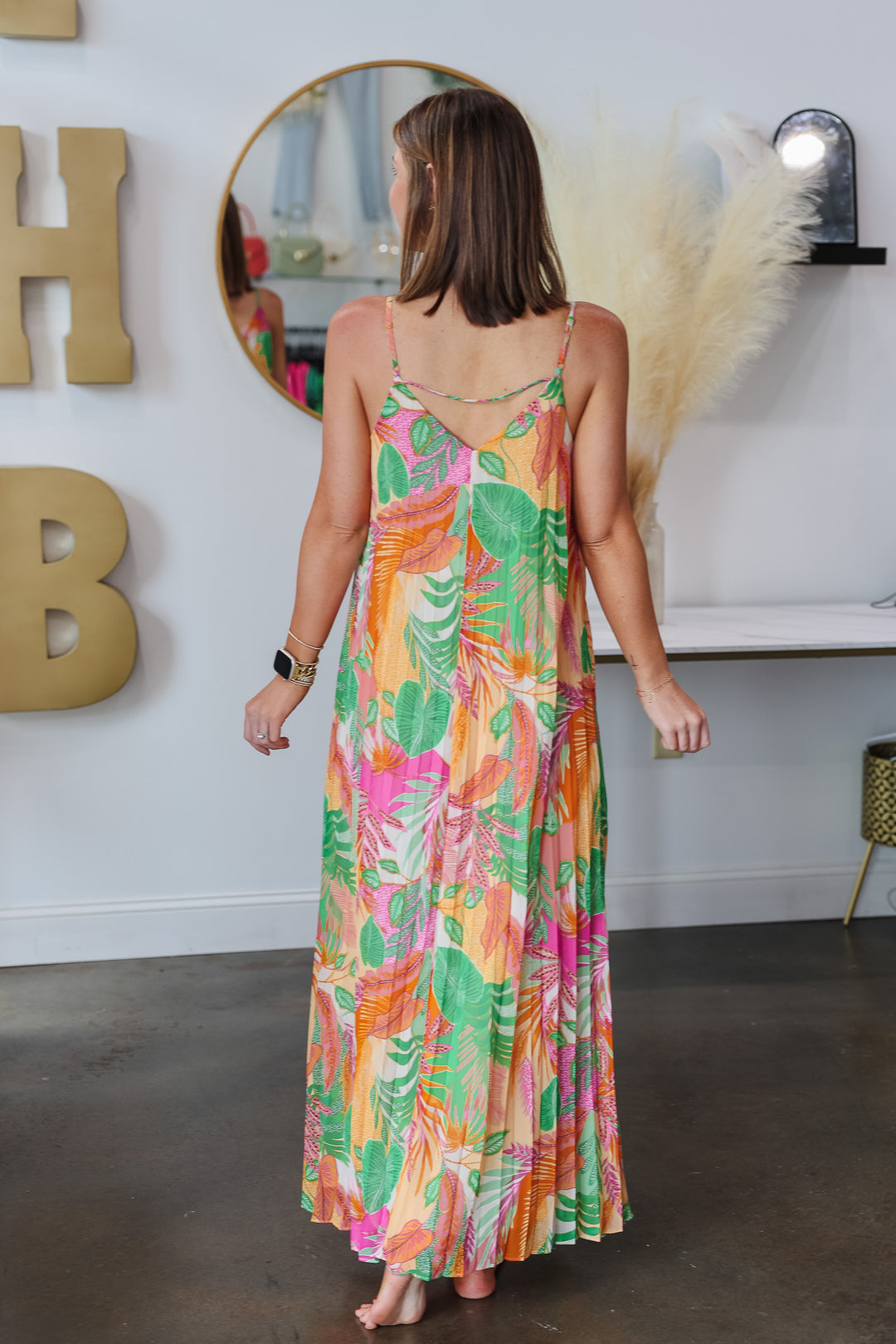 Printed Pleated Maxi Dress - Pink Guava