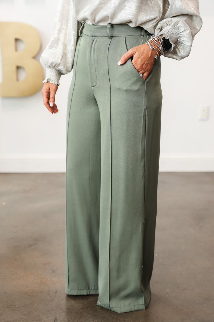 Elastic Waist Dress Pants - Olive