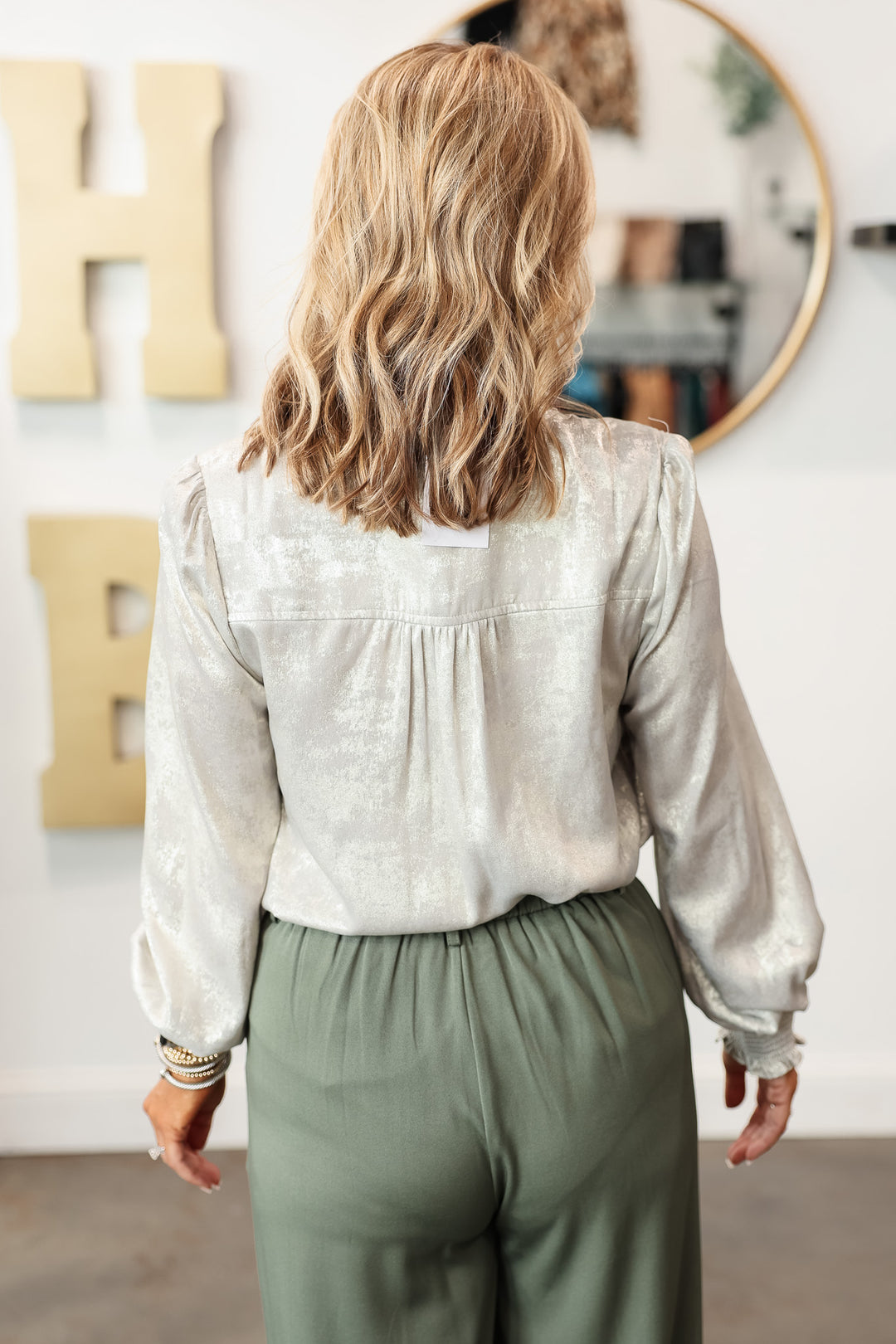 Split Neck Ruffle Blouse - Oyster