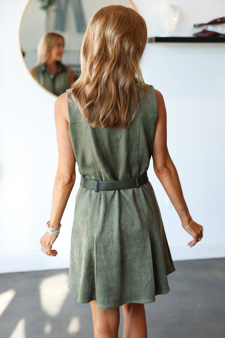 Belted Suede Dress - Olive