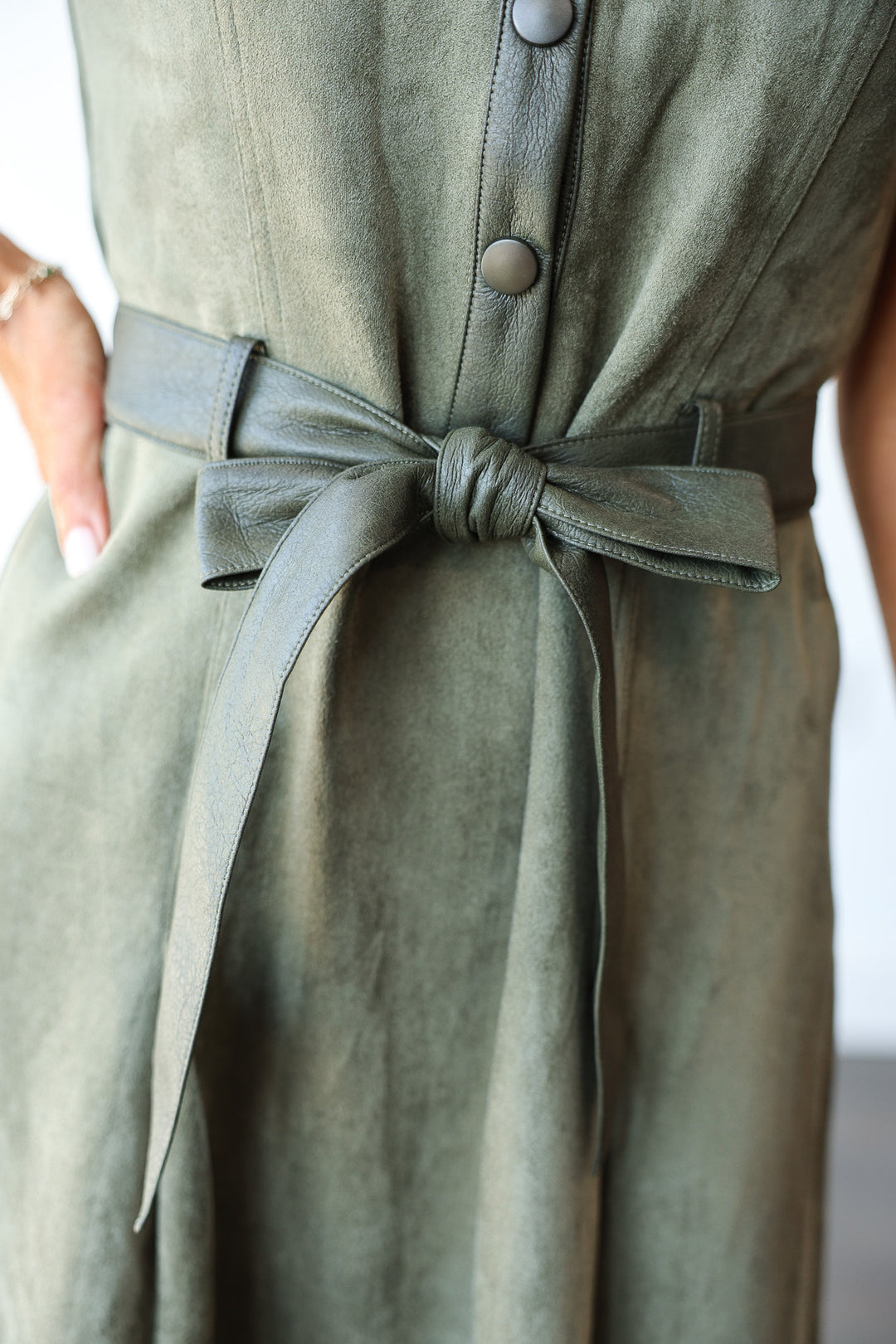 Belted Suede Dress - Olive