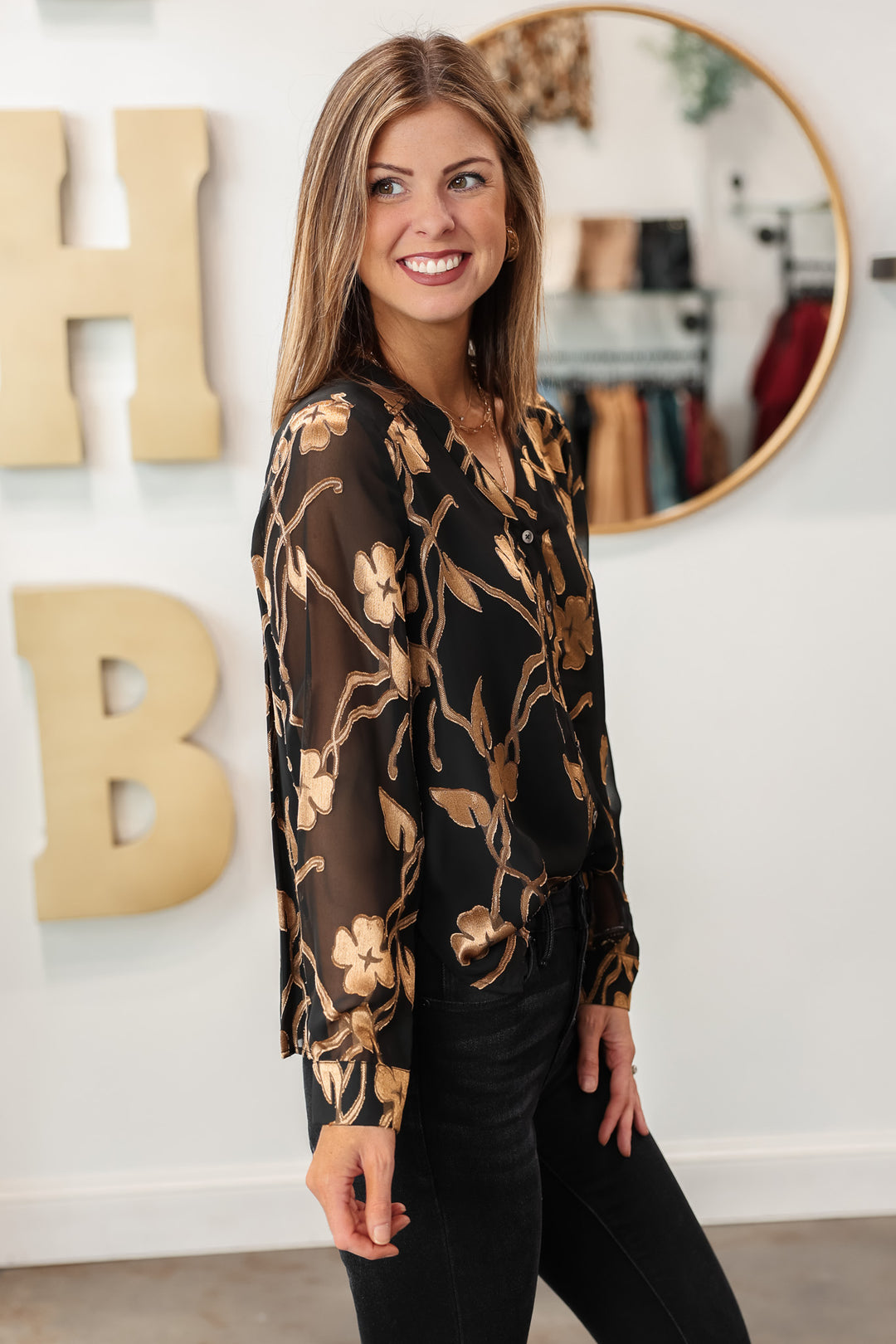 Floral Button Front Top - Black/Gold