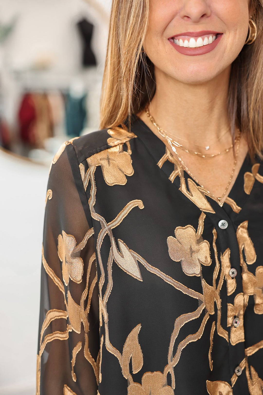 Floral Button Front Top - Black/Gold