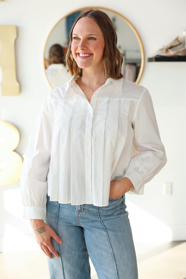 Pleated Button Down Top - White