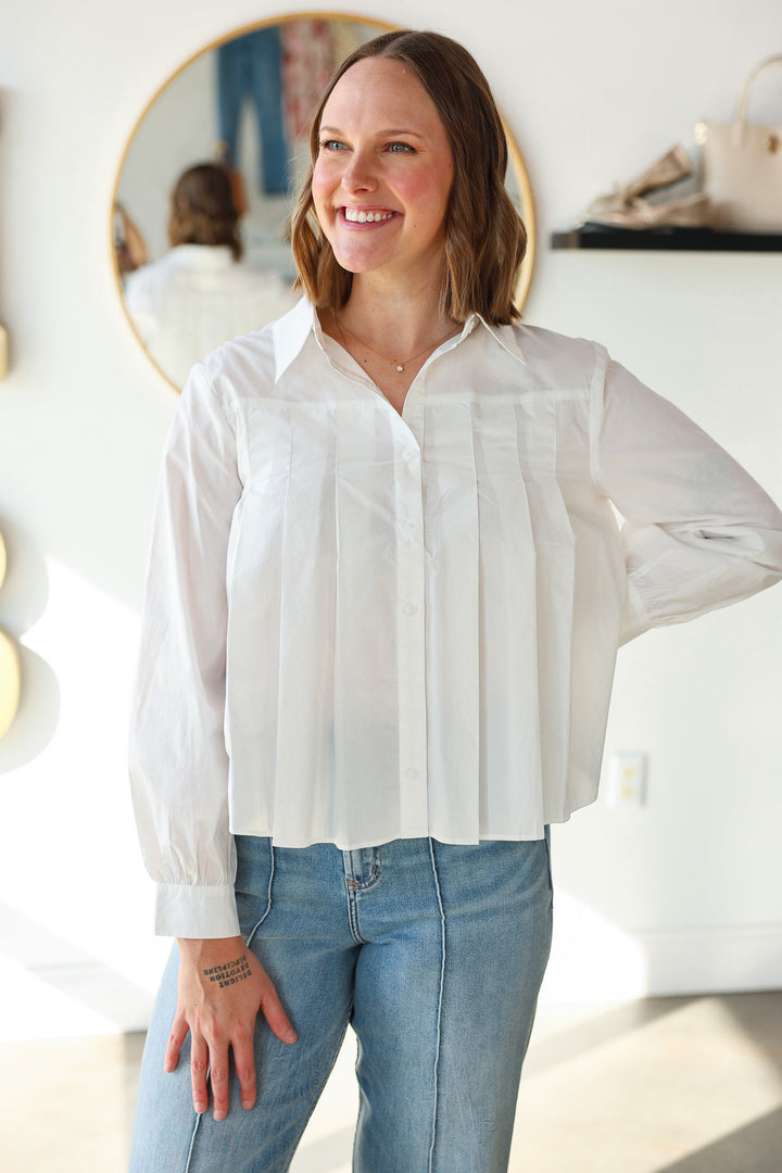 Pleated Button Down Top - White