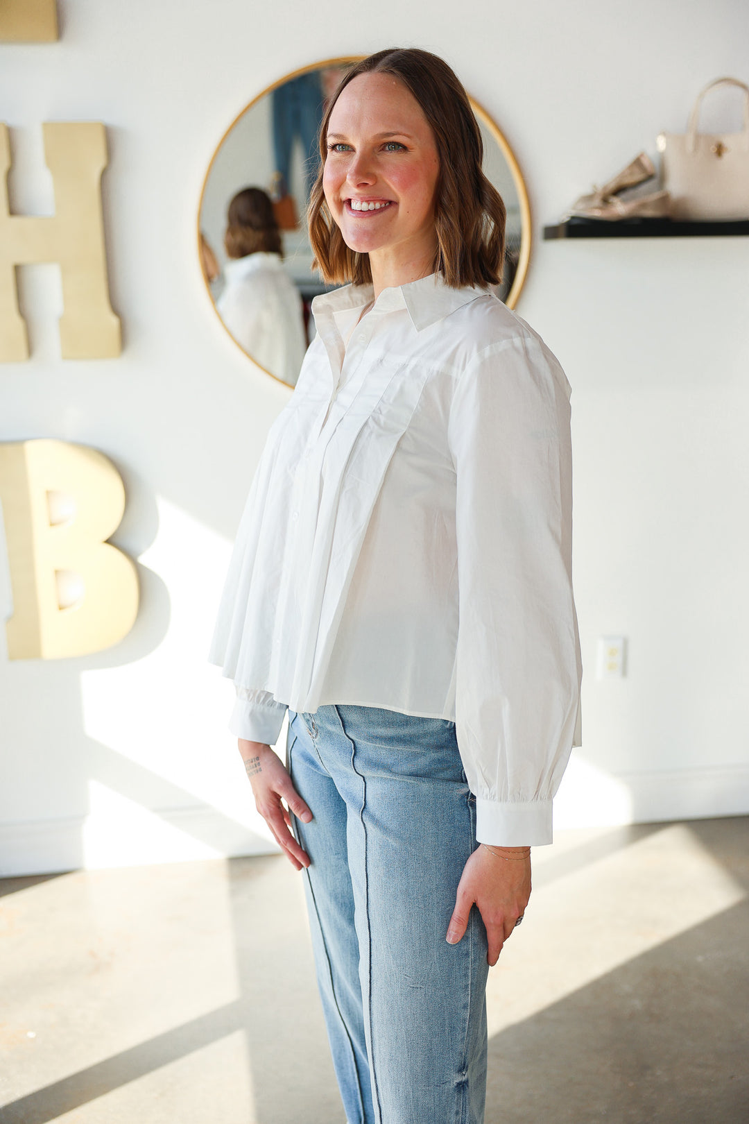 Pleated Button Down Top - White