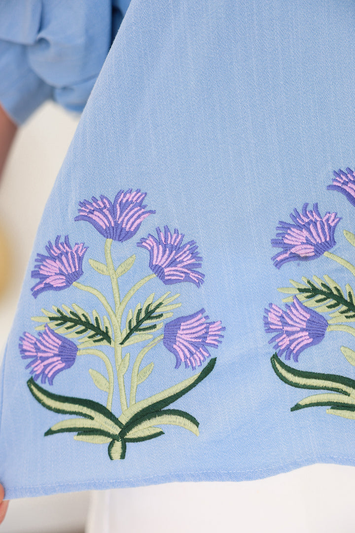 Embroidered Floral Top - Blue