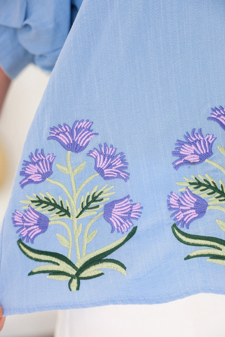 Embroidered Floral Top - Blue