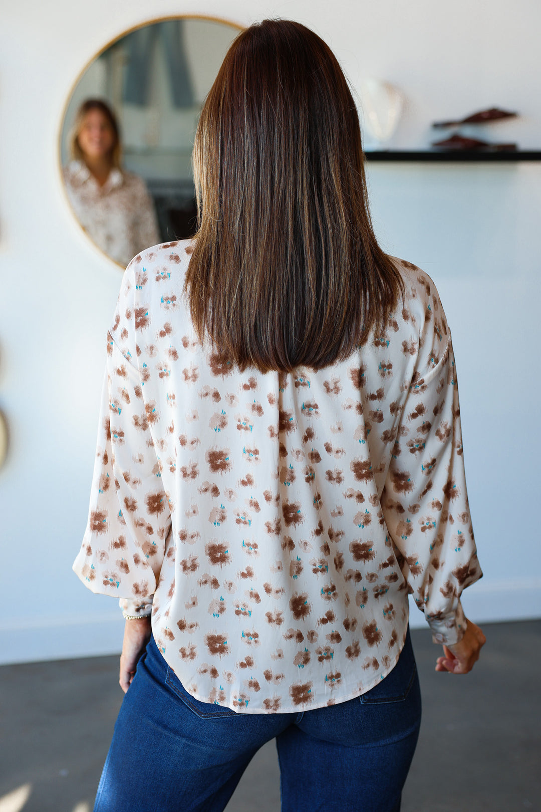 Abstract Print Satin Button Down - Cream