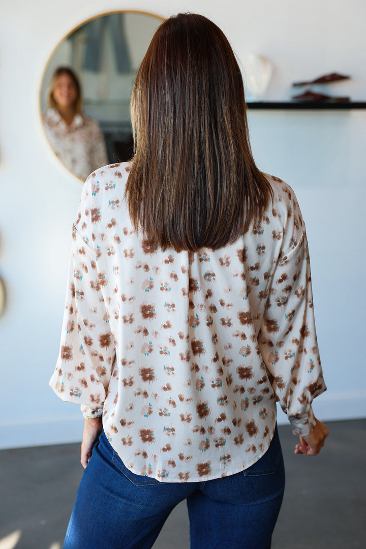 Abstract Print Satin Button Down - Cream