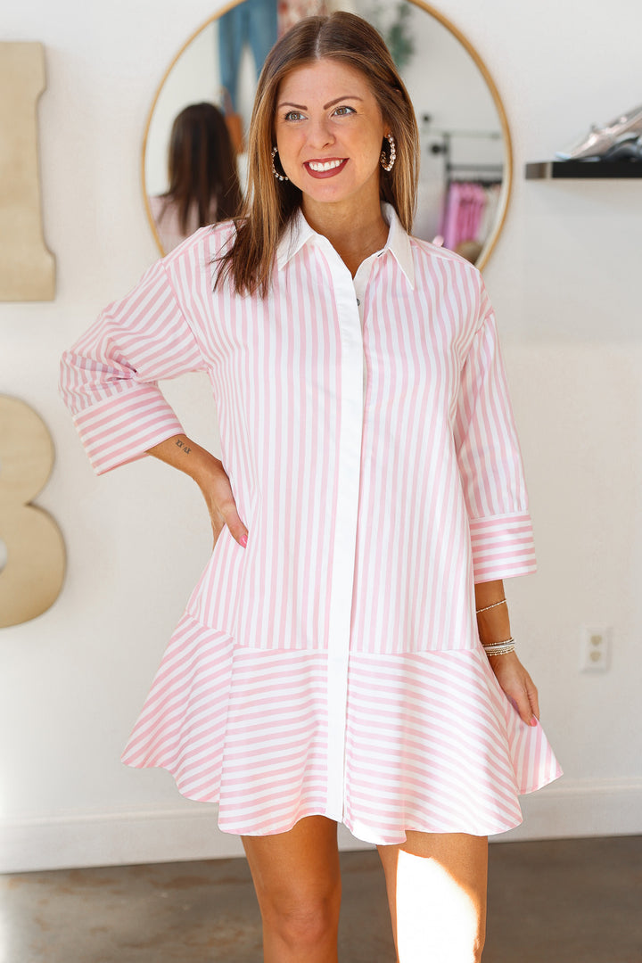 Drop Waist Striped Dress - Pink