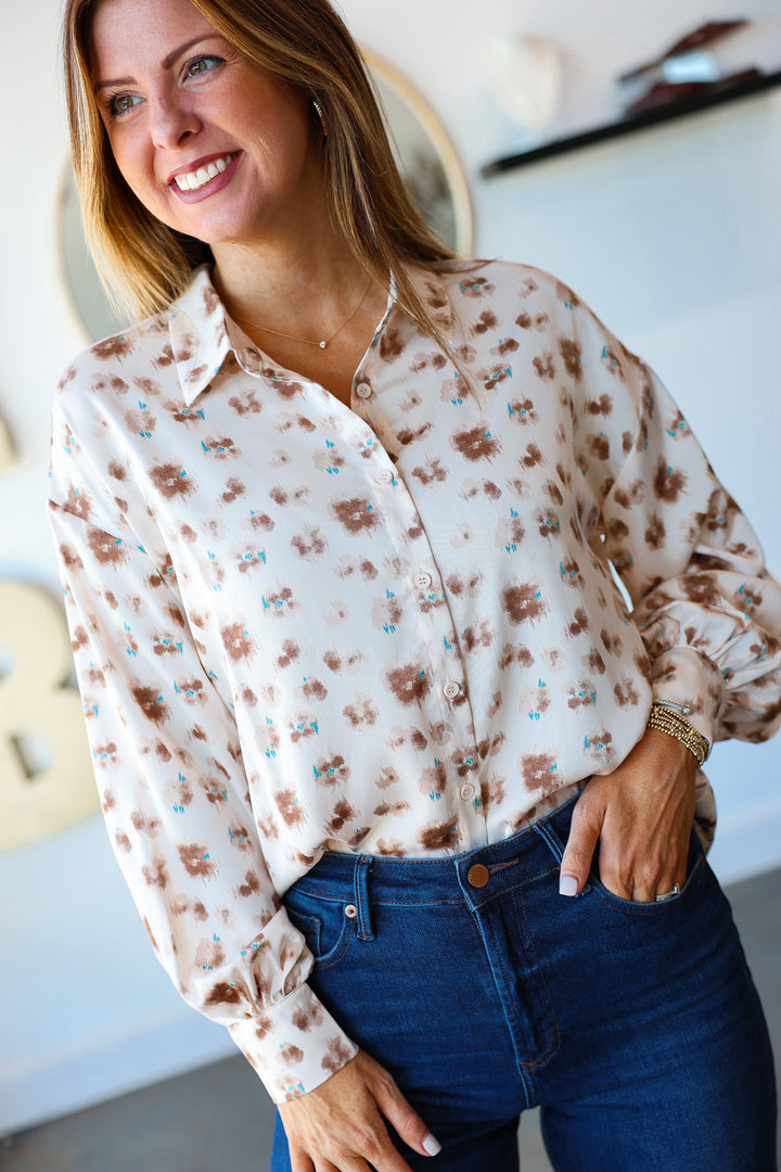Abstract Print Satin Button Down - Cream