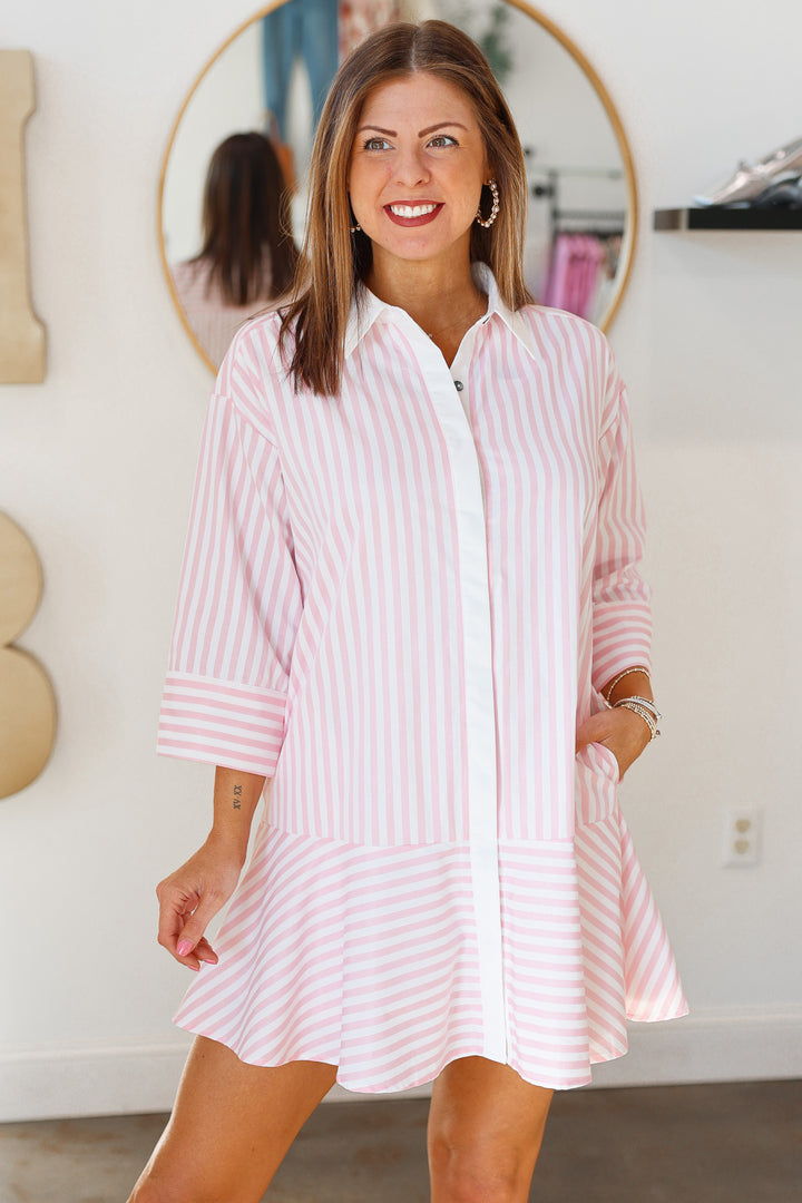 Drop Waist Striped Dress - Pink