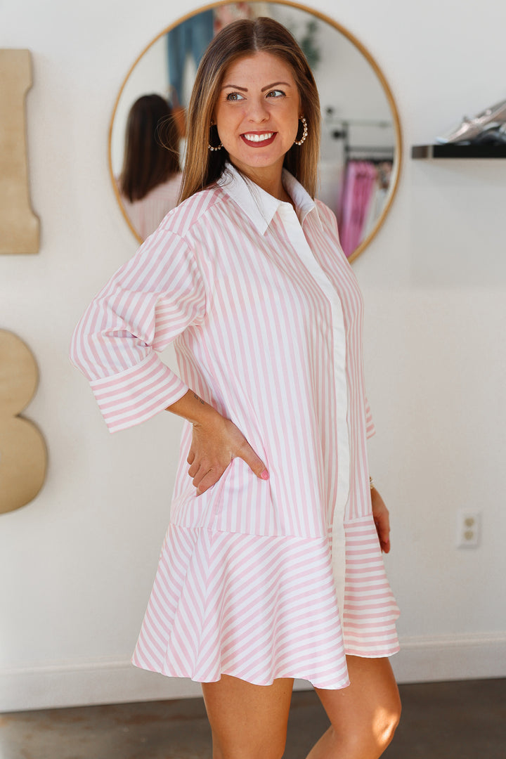 Drop Waist Striped Dress - Pink