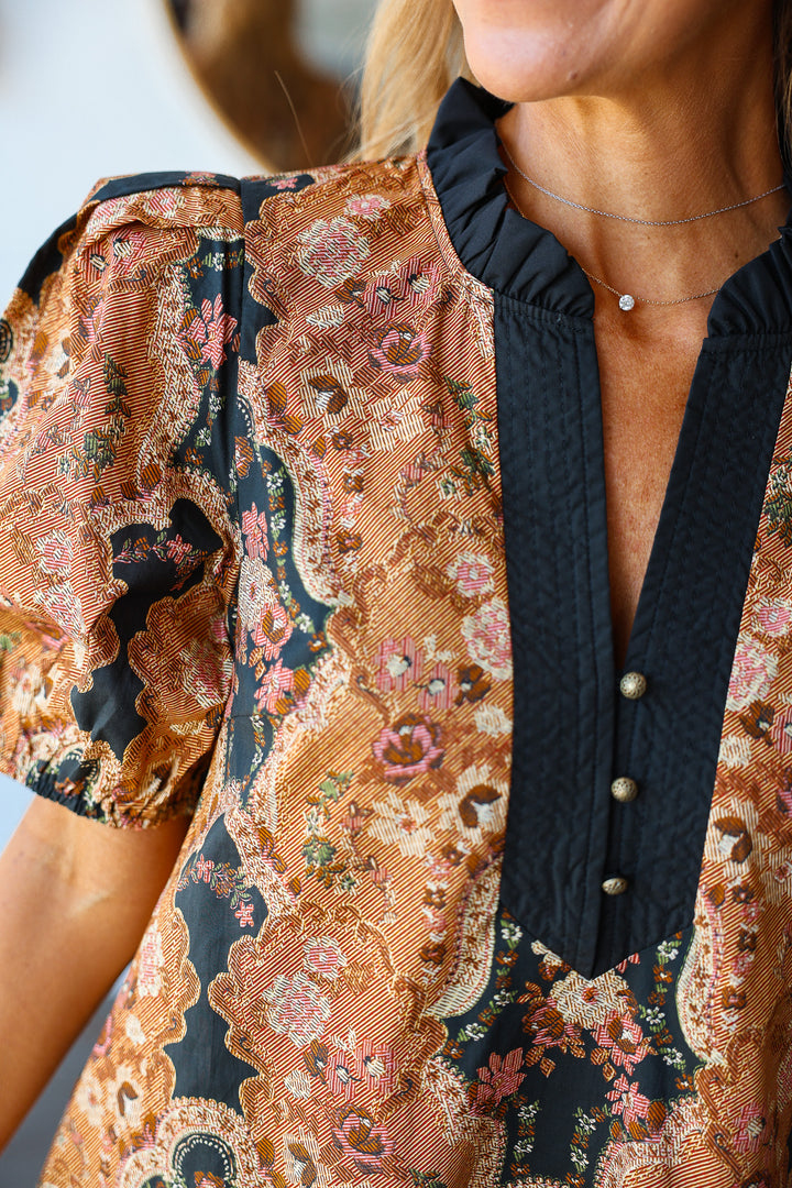 Vintage Print Dress - Camel