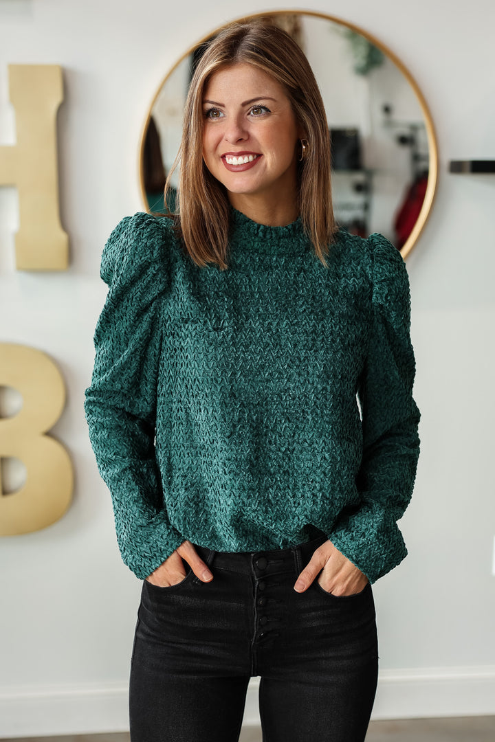 Mock Neck Textured Velvet Top - Green