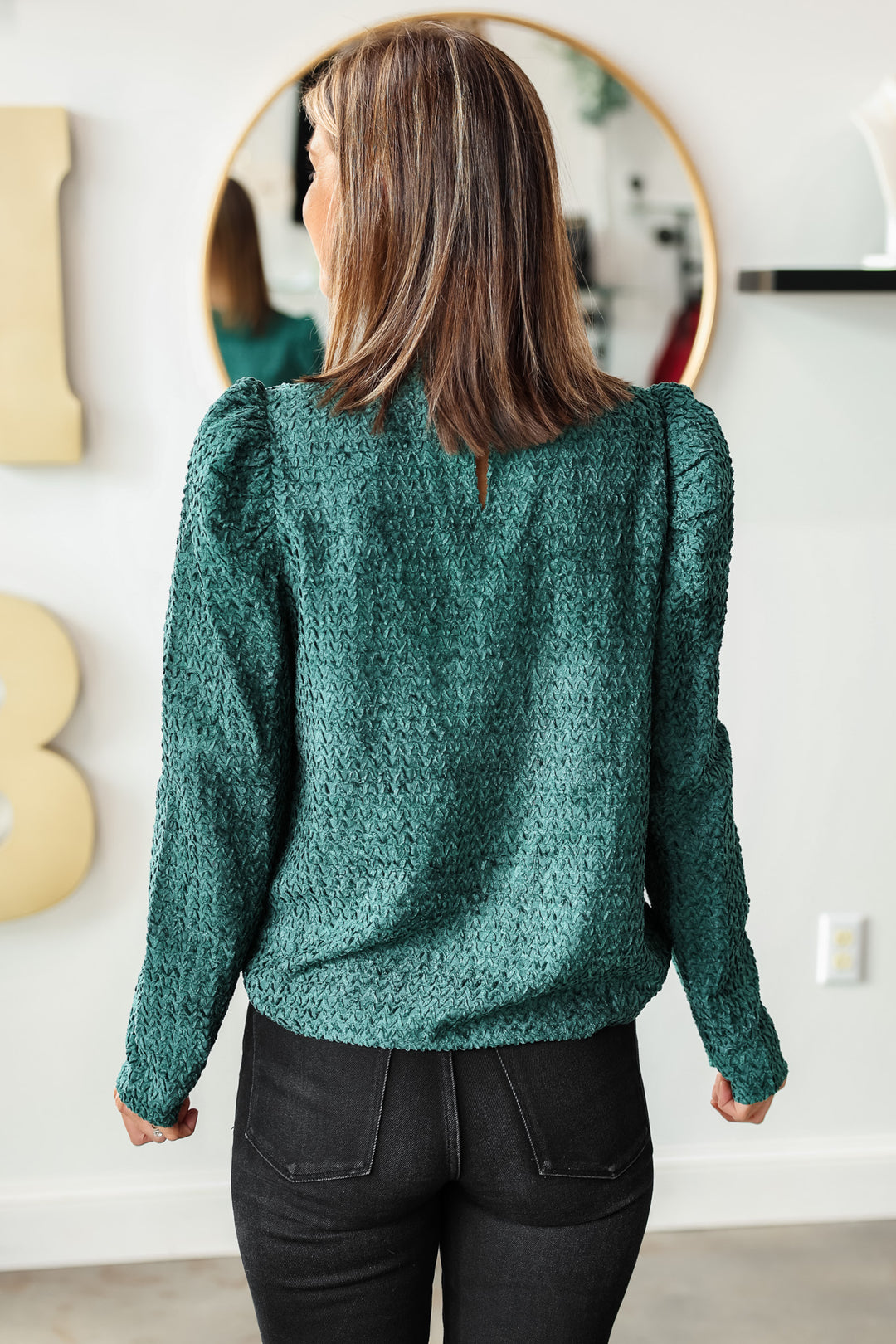 Mock Neck Textured Velvet Top - Green