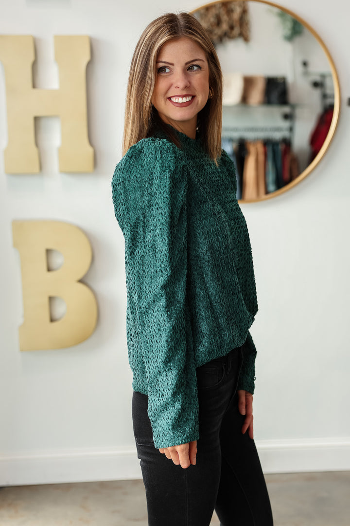 Mock Neck Textured Velvet Top - Green