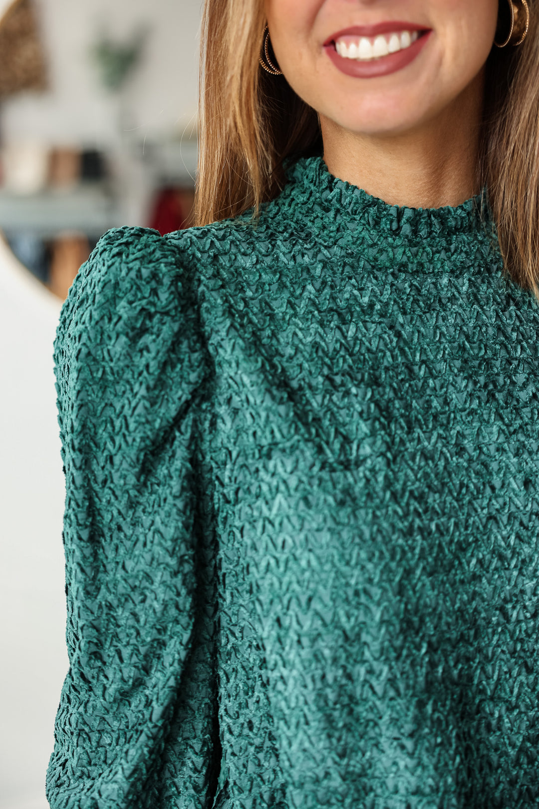 Mock Neck Textured Velvet Top - Green