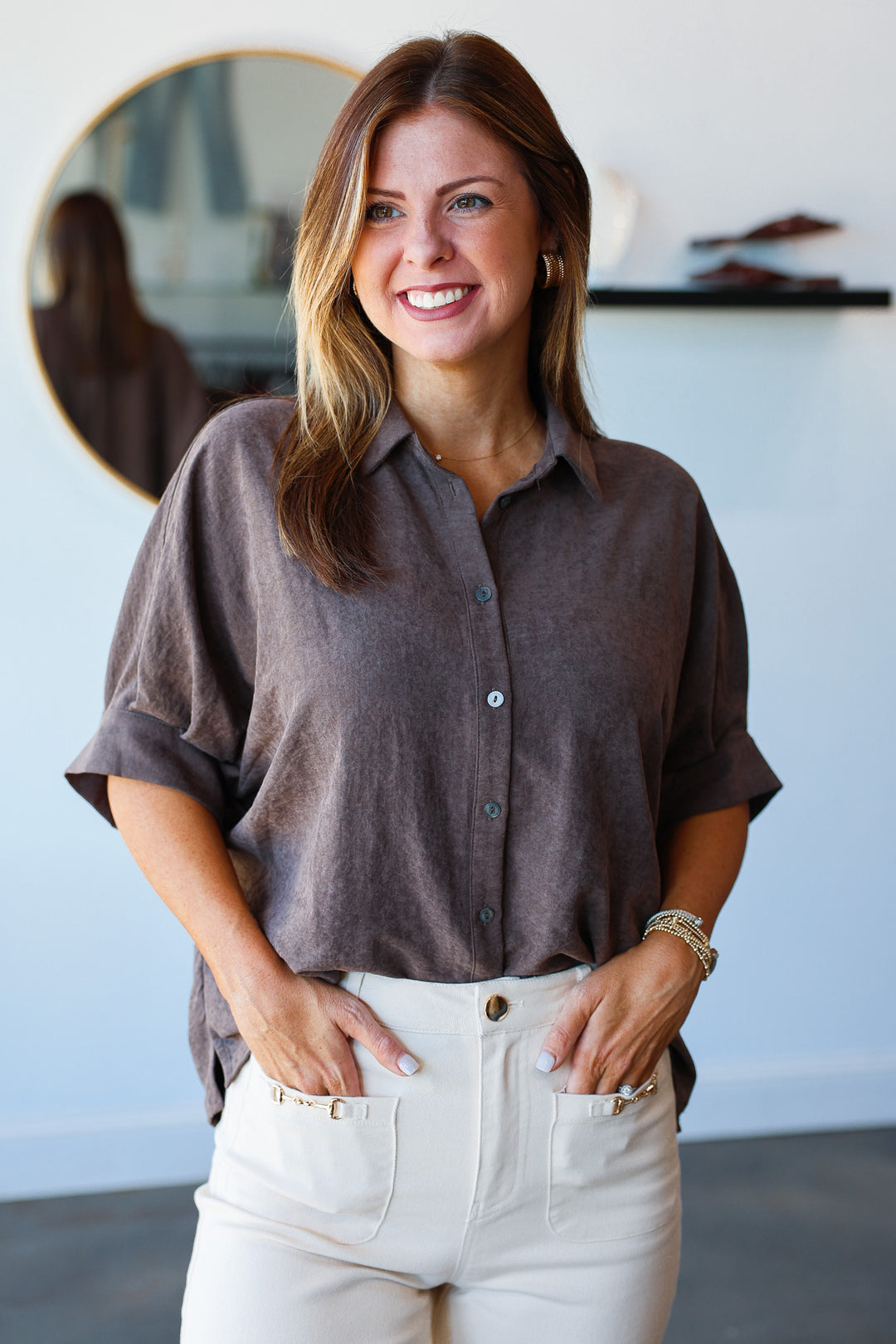 Button Front Top - Brown