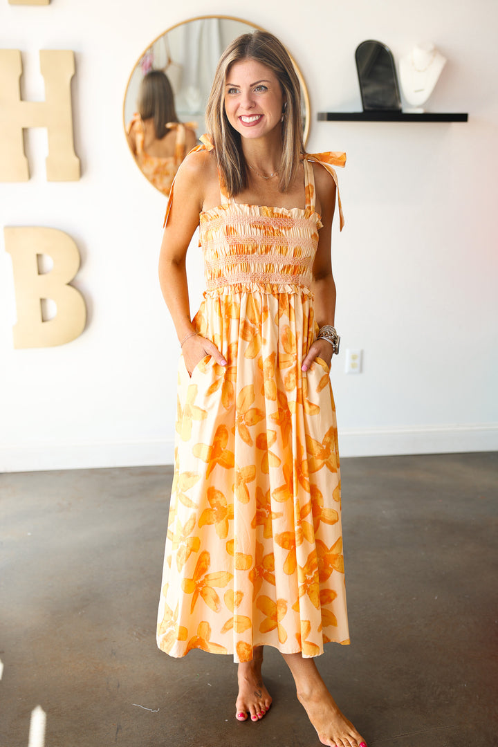Floral Print Smocked Midi Dress - Orange