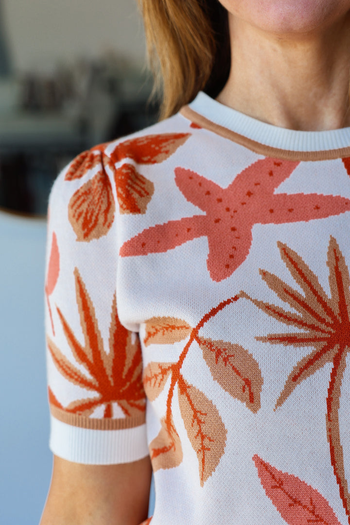 Short Sleeve Printed Sweater - Cream