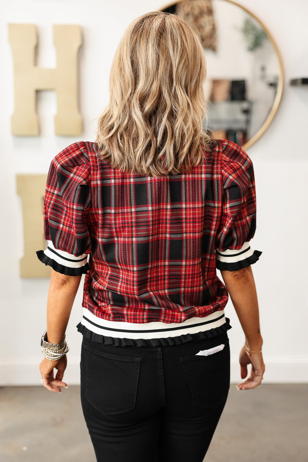 Trim Detail Plaid Top - Red