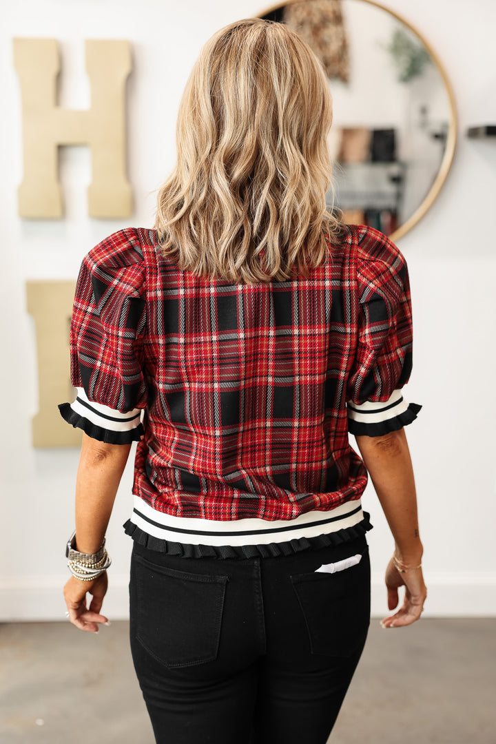 Trim Detail Plaid Top - Red