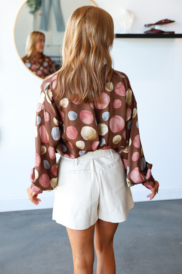 Polka Dot Print Satin Button Down - Brown