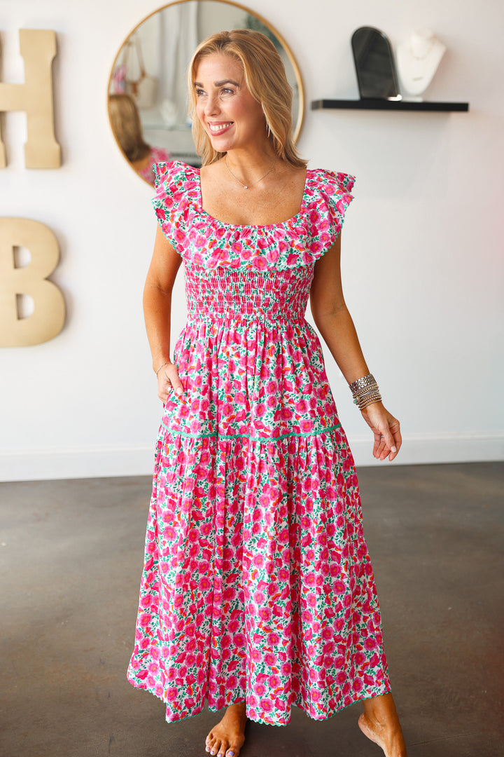 Ruffle Shoulder Floral Dress - Pink