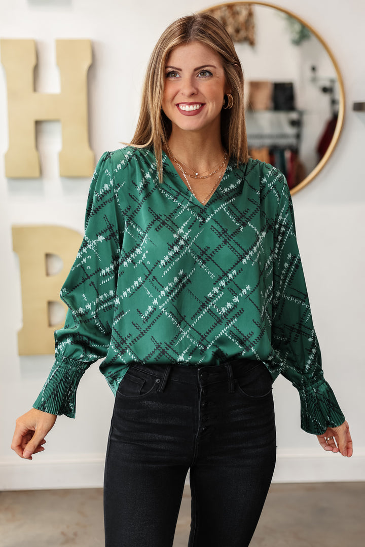 Smocked Detail Printed Top - Green