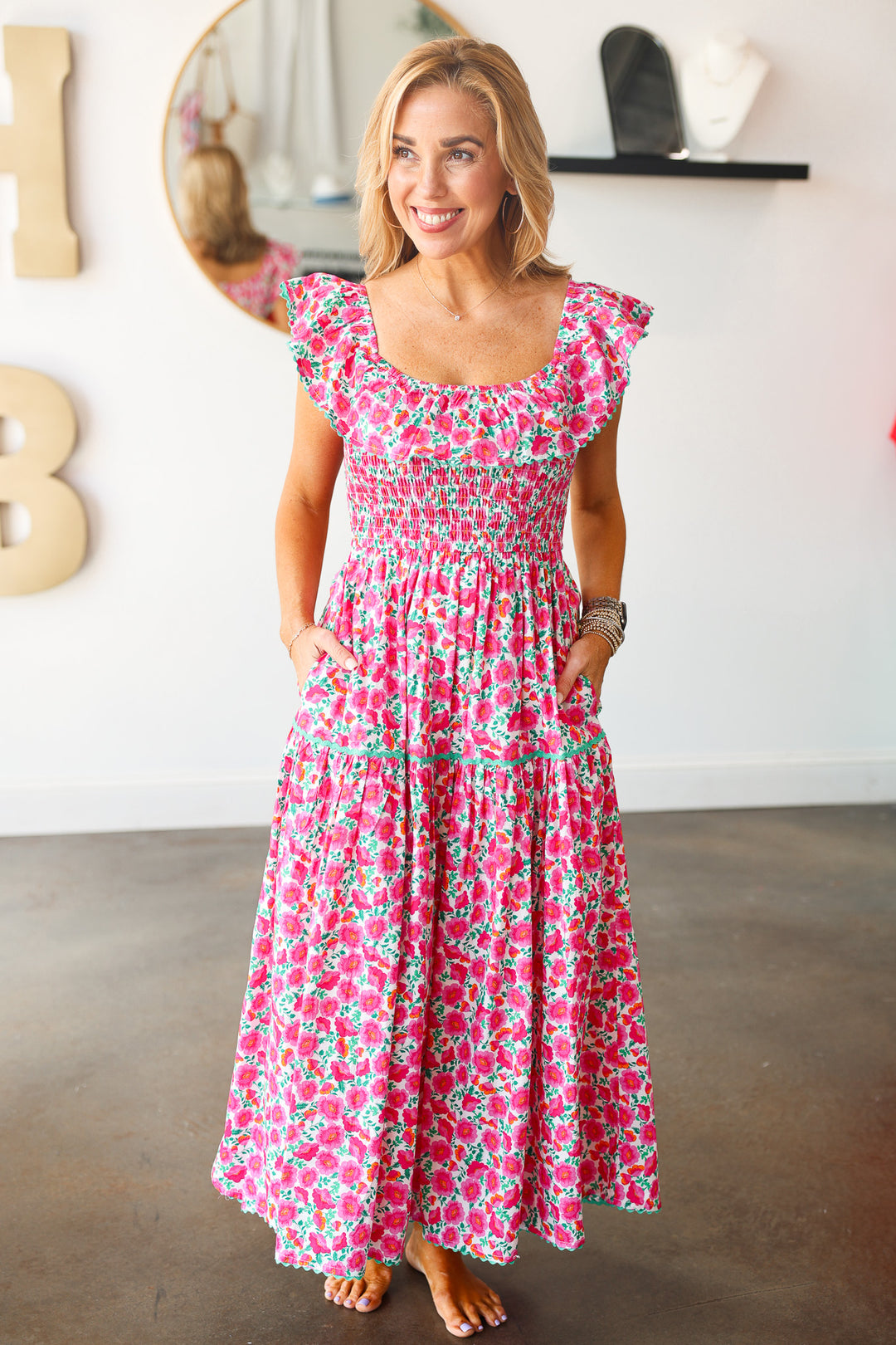 Ruffle Shoulder Floral Dress - Pink