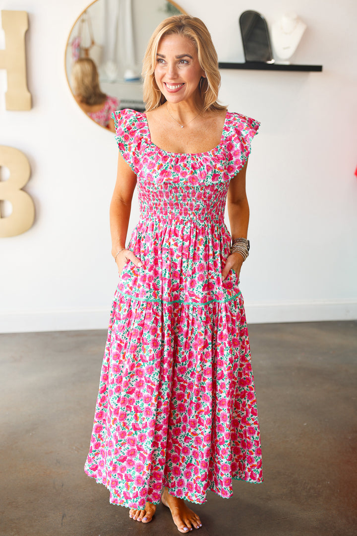 Ruffle Shoulder Floral Dress - Pink