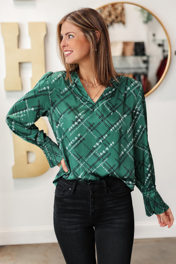 Smocked Detail Printed Top - Green