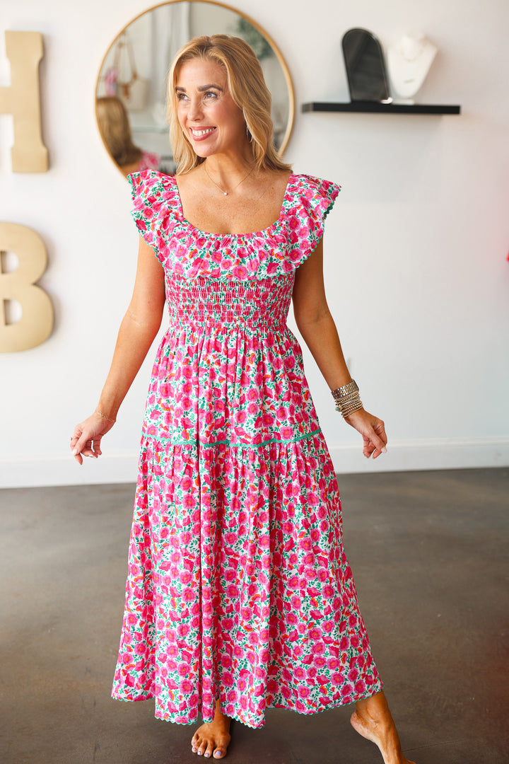 Ruffle Shoulder Floral Dress - Pink